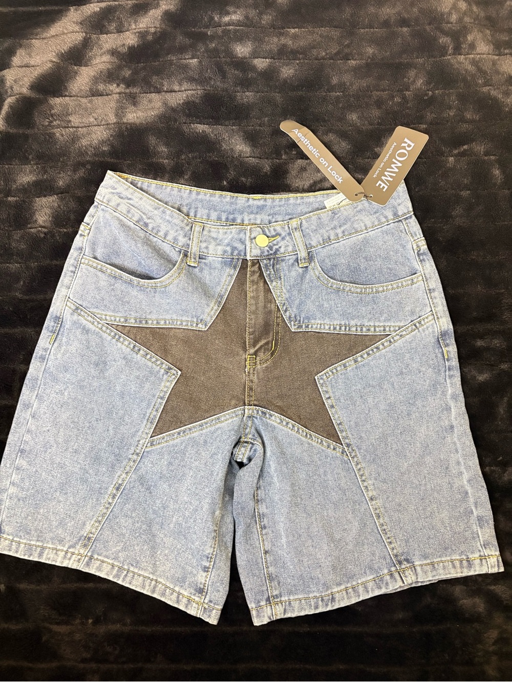 ROMWE Light Blue Denim Shorts with Dark Brown Star Accent